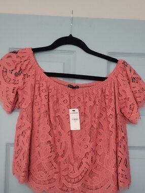 Express Pink Lace Off-Shoulder Crochet Top